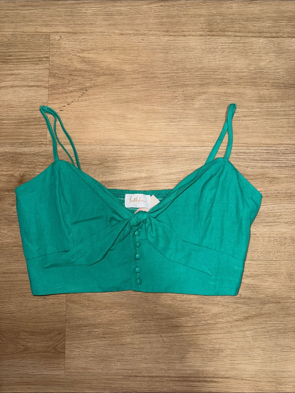 Green Tie-Front Crop Top with Button Detail